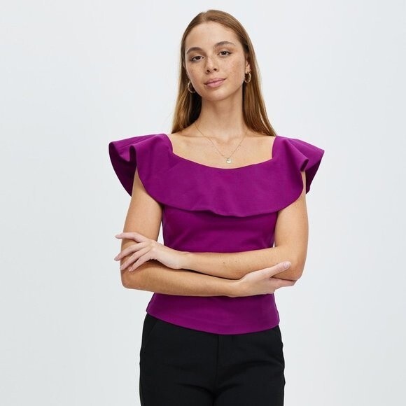 Ted Baker Frill Detail Bardot Top Ruffle Purple NWT Ted Size 0 US Women's 2 - Picture 1 of 10